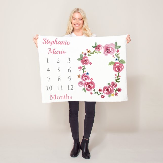 Girly PInk Floral Baby Girl Milestone Baby Fleece Blanket (In Situ)