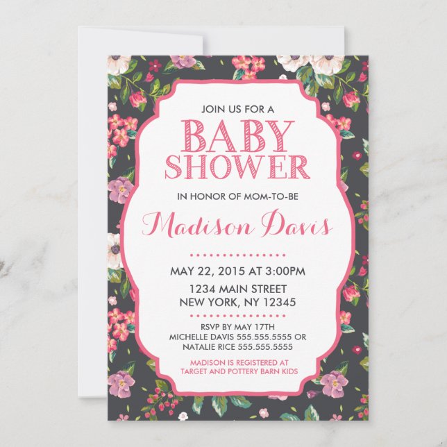 Girly Pink Floral Baby Shower Invitations (Front)