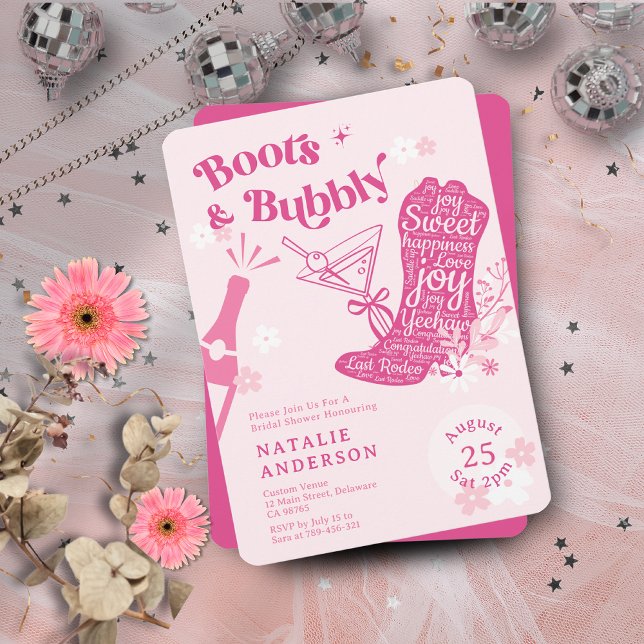Girly Pink Floral Boots & Bubbly Bridal Shower Invitation (Girly Pink Floral Boots & Bubbly Bridal Shower Invitation)
