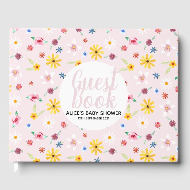 Girly Pink Floral Botanical Flowers Baby Shower Guest Book (Front)