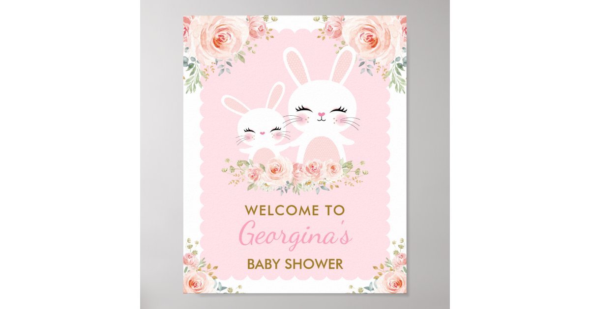 Girly Pink Floral Bunny Baby Shower Cute Rabbit Poster Zazzle