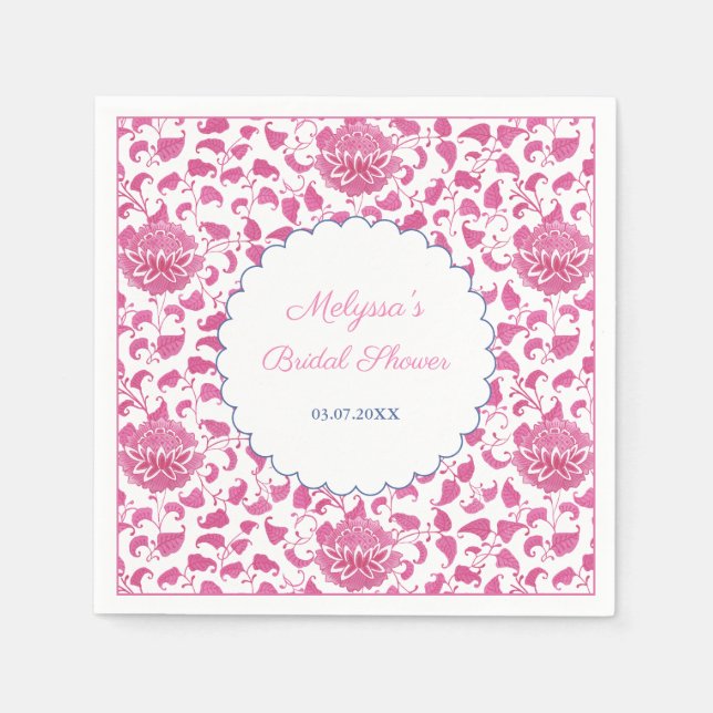 Girly Pink Floral Chinoiserie Bridal Shower Napkin (Front)