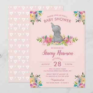 Girly Pink Floral Elephant Baby Shower Invitation
