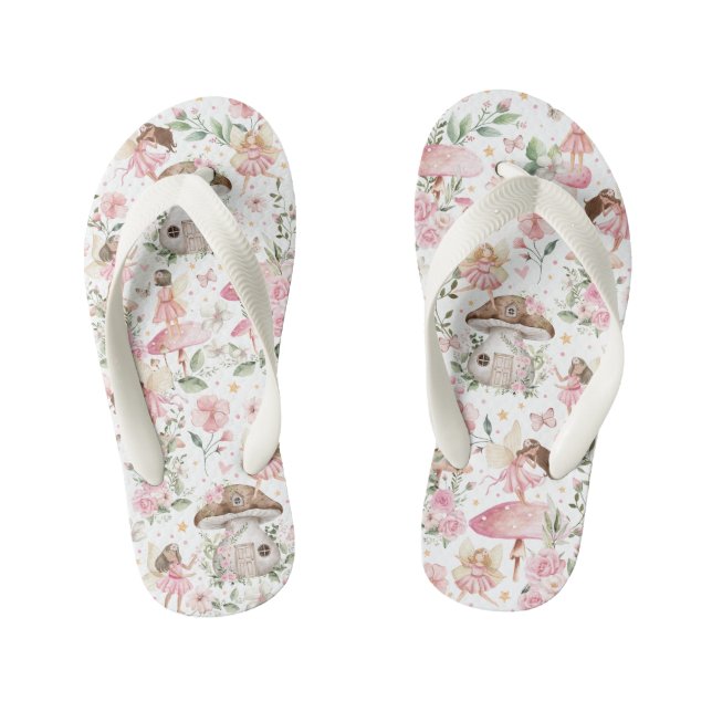 Girly Pink Floral Fairy Garden Kid's Flip Flops (Footbed)
