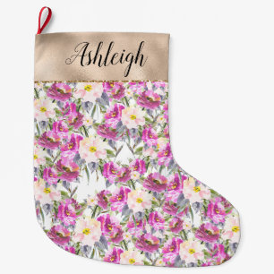 Girly Pink Floral Gold Glam Large Christmas Stocking