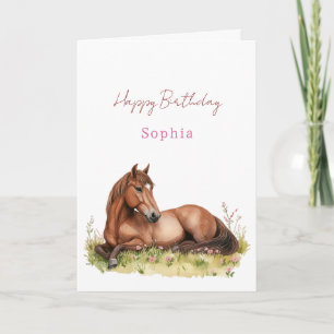 Girly Pink Floral Horse Birthday Card