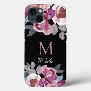 Girly Pink Floral Monogram iPhone 13 Case