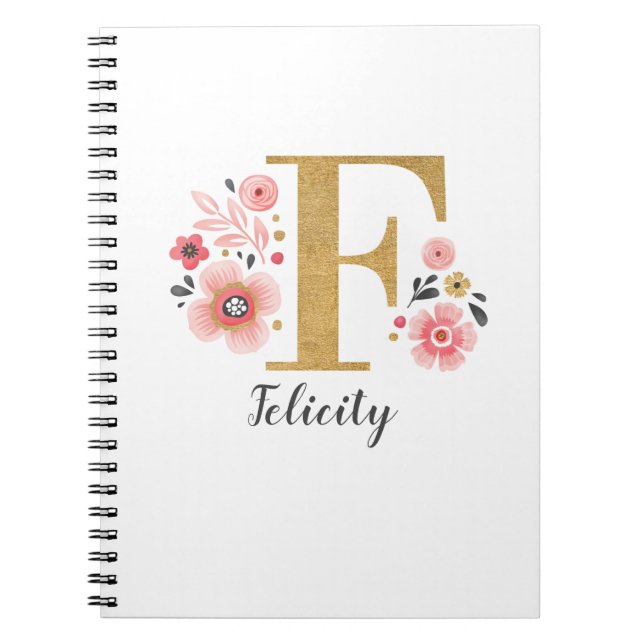 Girly Pink Floral Monogram Letter F Notebook (Front)