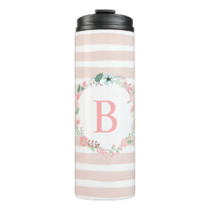 Girly Pink Floral Monogram Thermal Tumbler