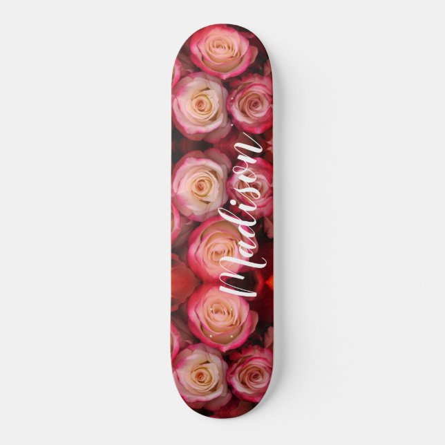 Girly Pink Floral Roses Personalised Name Skateboard (Front)