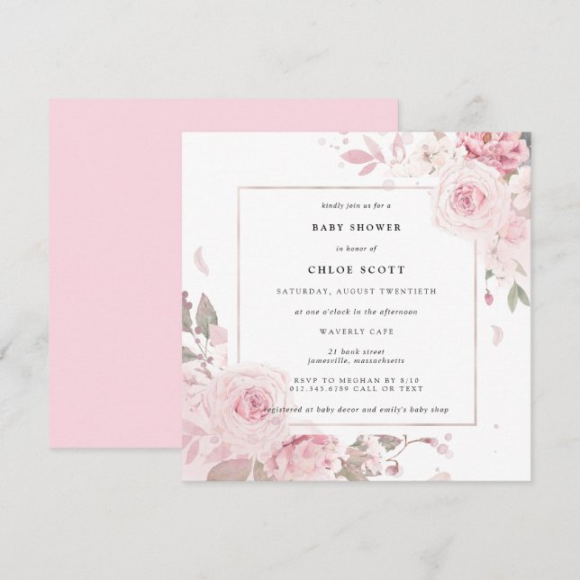 Girly Pink Floral Watercolor Baby Shower Invitation (Front/Back)