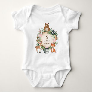 Girly Pink Floral Woodland Animals Custom Monogram Baby Bodysuit