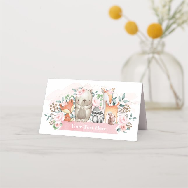 Girly Pink Floral Woodland Animals Shower Birthday Place Card (Front)
