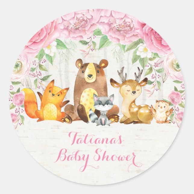 Girly Pink Floral Woodland Baby Animals Thank You Classic Round Sticker (Front)