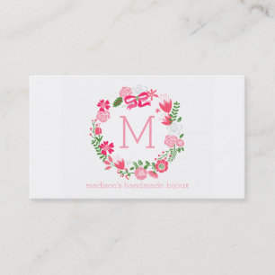 Girly Pink Floral Wreath Personalised Monogram Business Card