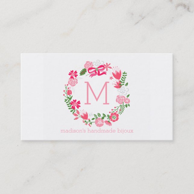 Girly Pink Floral Wreath Personalised Monogram Business Card (Front)