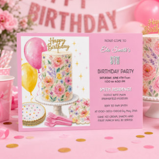 Girly Pink Flower Birthday Cake Kids Party Invitation