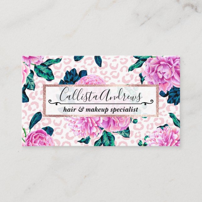 Girly Pink Flowers and Leopard Animal Print Business Card (Front)