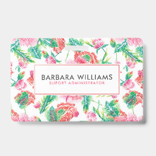 Girly Pink Flowers Green Leafs Pattern ID Badge