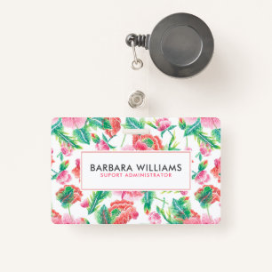 Girly Pink Flowers Green Leafs Pattern ID Badge