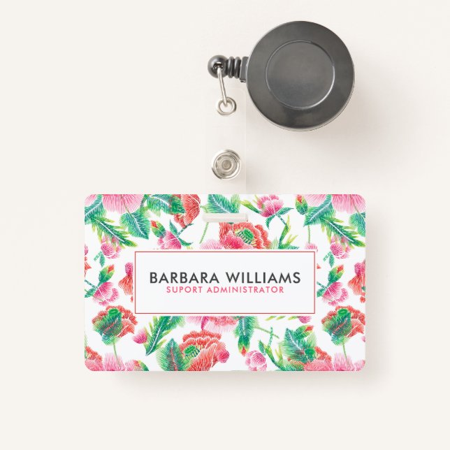 Girly Pink Flowers Green Leafs Pattern ID Badge (Front with Retractable)