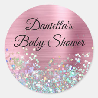 Girly Pink Foil Holo Glitter Baby Shower Classic Round Sticker