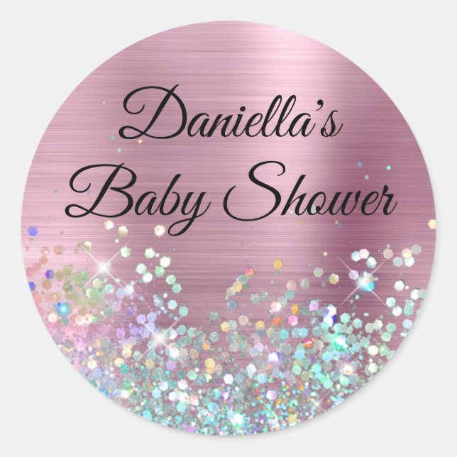  Girly Pink Foil Holo Glitter Baby Shower Classic Round Sticker (Front)