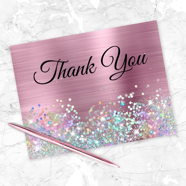 Girly Pink Foil Holo Glitter Thank You Card (Creator Uploaded)