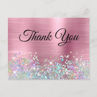 Girly Pink Foil Holo Glitter Thank You Postcard