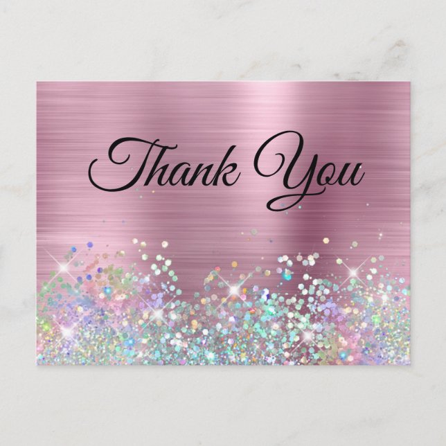 Girly Pink Foil Holo Glitter Thank You Postcard (Front)
