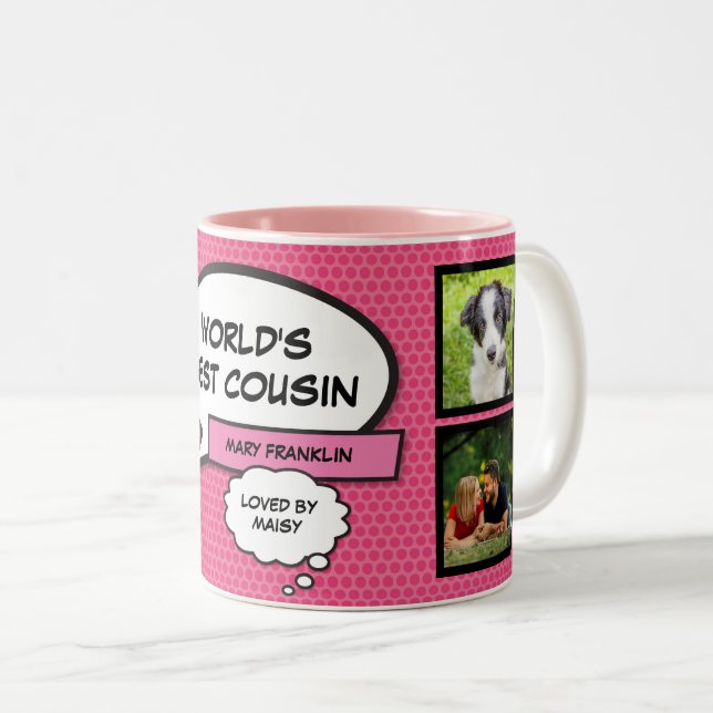Girly Pink Fun Cool Cousin Photo Collage Comic Two-Tone Coffee Mug (Front Right)