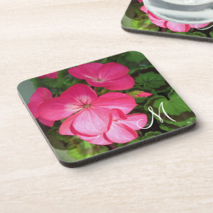 Girly Pink Geranium Photo Monogram Coaster