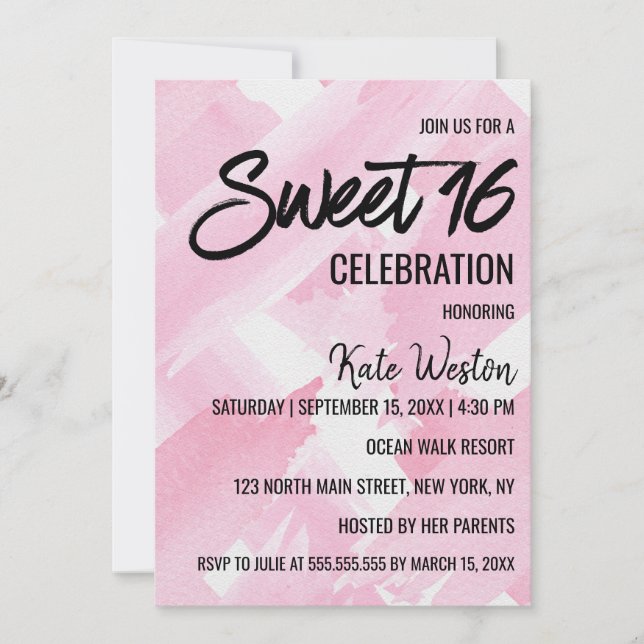 Girly Pink Giant Watercolor Brushstrokes Sweet 16 Invitation (Front)