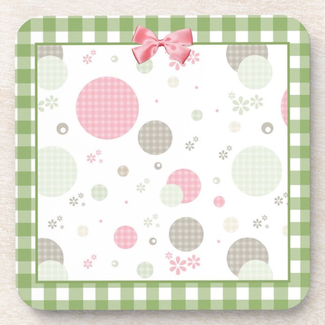 Girly Pink Gingham Pattern Circles Cute Daisies Coaster (Front)