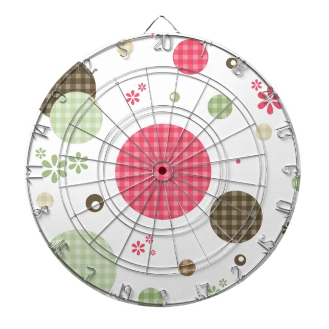 Girly Pink Gingham Pattern Circles Cute Daisies Dartboard (Front)