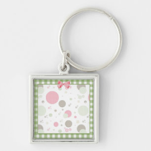 Girly Pink Gingham Pattern Circles Cute Daisies Key Ring