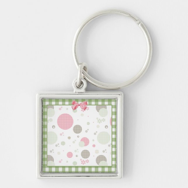 Girly Pink Gingham Pattern Circles Cute Daisies Key Ring (Front)