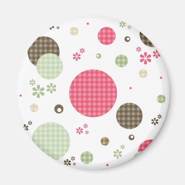 Girly Pink Gingham Pattern Circles Cute Daisies Magnet (Front)