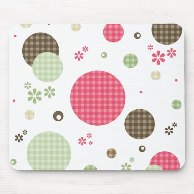 Girly Pink Gingham Pattern Circles Cute Daisies Mouse Mat (Front)
