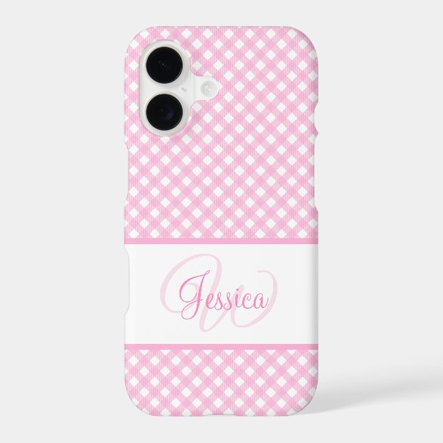 Girly Pink Gingham Pattern Name and Initial (Back)