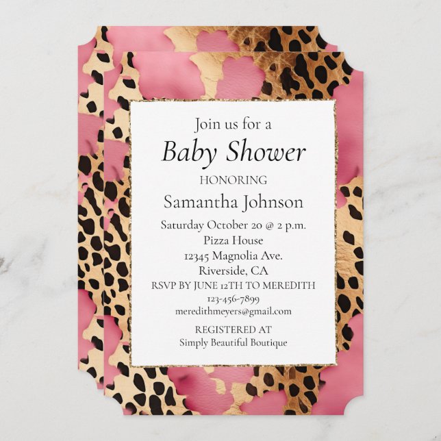 Girly Pink Glam Black Gold Leopard  Invitation (Front/Back)