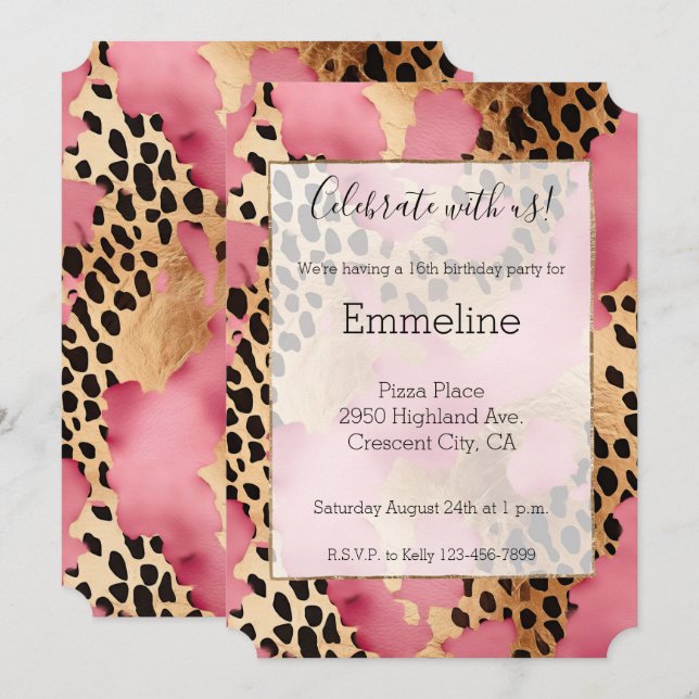 Girly Pink Glam Black Gold Leopard Invitation (Front/Back)