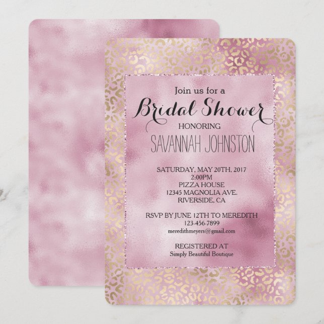 Girly Pink Glam Gold Leopard Print bridal shower Invitation (Front/Back)