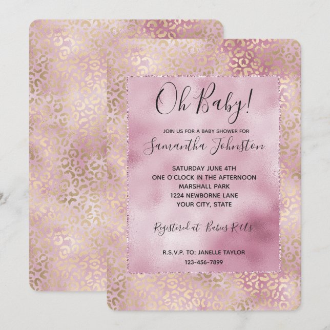 Girly Pink Glam Gold Leopard Print Invitation (Front/Back)