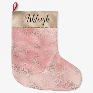 Girly Pink Glam Gold Leopard Print Watercolor Large Christmas Stocking