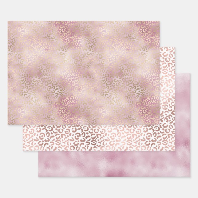 Girly Pink Glam Gold Leopard Print Wrapping Paper Sheet (Set)