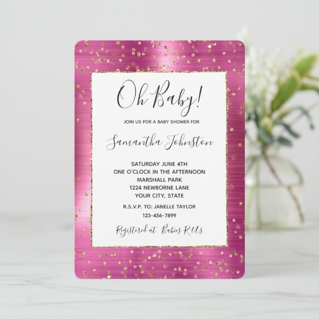 Girly Pink Glam Gold Sparkle Confetti Baby Shower Invitation (Standing Front)