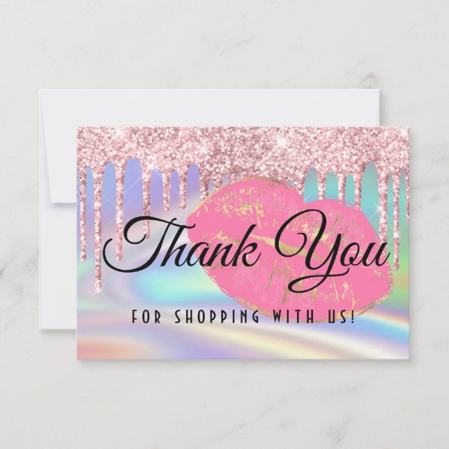 Girly Pink Glam Kiss Lips Faux Holographic Rainbow Thank You Card (Front)