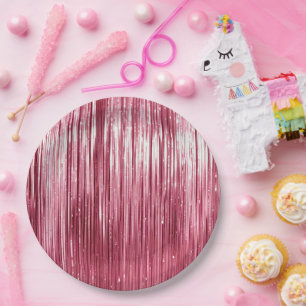 Girly Pink Glam Tinsel Stripes  Paper Plate
