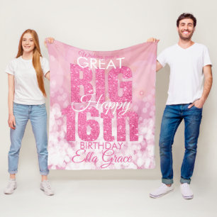 Girly Pink Glitter 16th Birthday Fleece Blanket